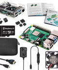 Raspberry Pi 4 Model B Starter Kit With 4GB RAM And 64GB Preloaded Micro Sd Card Plus Legit Accessories laid out, including case, fan, and cables.
