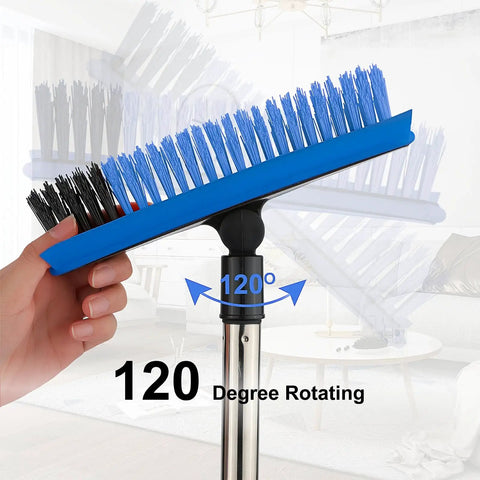 Long Handle V Shaped Grout Scrub Brush With Built In Squeegee Edge showing 120-degree swivel head and blue bristles