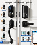 Rock Solid Matte Black Smart Lock For Front Door Handle featuring fingerprint and passcode unlock options on a door.