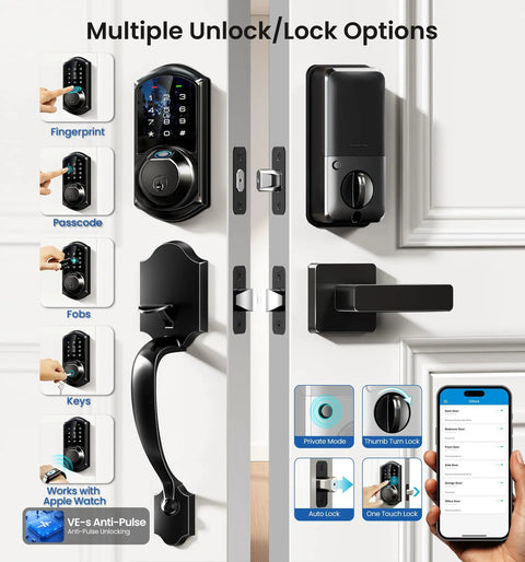 Rock Solid Matte Black Smart Lock For Front Door Handle featuring fingerprint and passcode unlock options on a door.