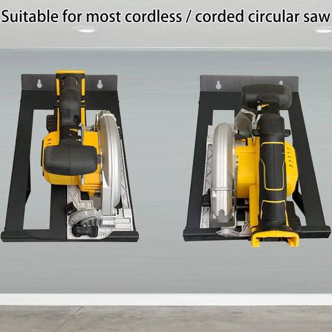 Heavy Duty Power Tool Rack And Storage Hanger for garage and workshop, holds yellow and black circular saws securely.