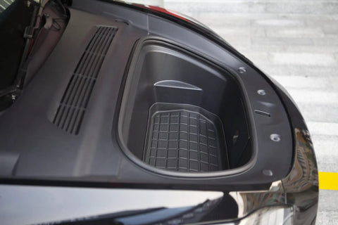 Tesla Model Y 2021 Refresh Frunk Liner Hecka Tough TPE Rubber Cargo Floor Mat in front trunk for custom fit and all weather protection.