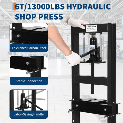 6 Ton H Frame Hydraulic Floor Shop Press For Heavy Duty Automotive And Metalworking Tasks With Adjustable Plates For Bending Straightening Bearing Removal And U Joint Repair, black steel frame