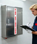 Five Pack Fire Extinguisher Signs 20x2 Inches Self Adhesive Waterproof Vinyl Decals on cabinet in industrial setting
