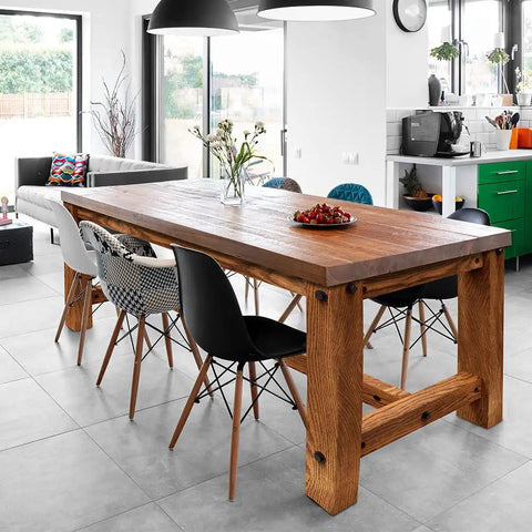 Wooden table with chairs in a modern kitchen, showing the use of Heavy Duty Cross Dowel And Bolt Kit Eight Pack For Bed Frames And Workbenches