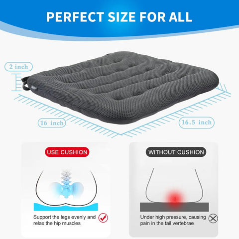 Ultimate Comfort Office Chair Cushion with breathable air mesh, non-slip, shown with dimensions for computer and dining chairs.