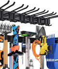 Garage Tool Organizer Wall Mount Kit, 48 Inch Heavy Duty Storage Rack with tools and gear hanging on adjustable hooks