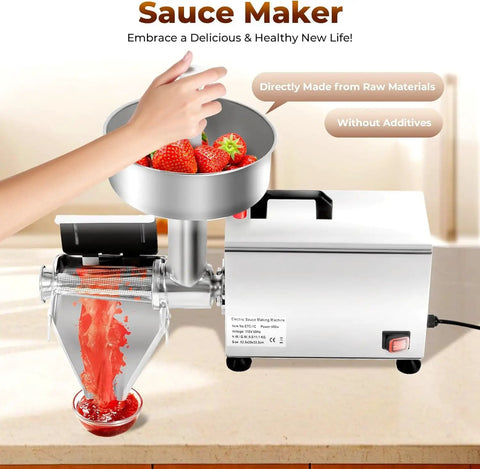 Premium 450W Electric Tomato Strainer Commercial Sauce Maker with strawberries in stainless steel bowl for making puree.