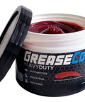 Wheel bearing grease by GreaseCo, heavy-duty red automotive lubricant in white tub with open black lid (front view)