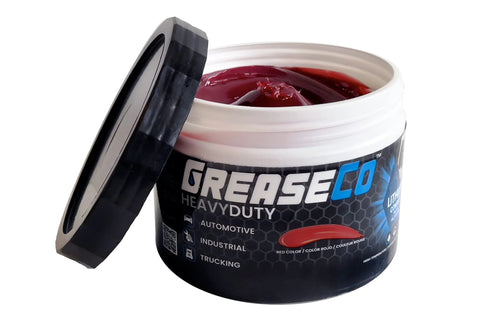 Wheel bearing grease by GreaseCo, heavy-duty red automotive lubricant in white tub with open black lid (front view)