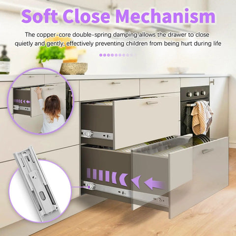Soft Close Stainless Steel Drawer Slides in kitchen, 12 Inch, showing child-friendly mechanism and smooth operation.