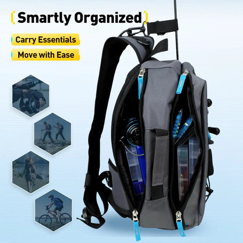 Fishing Sling Bag With Rod Strap, Lightweight Portable Tackle Organizer For Men, showing multiple compartments and rod holder