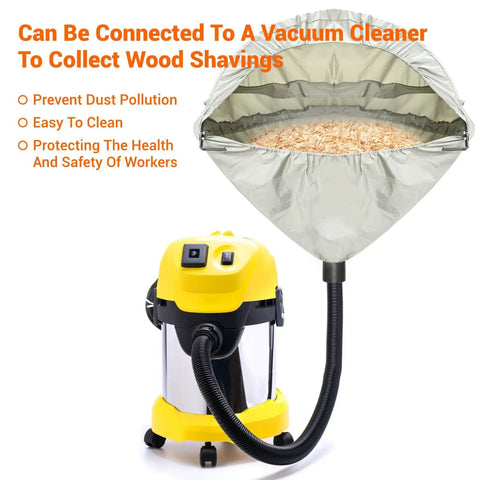 Heavy Duty Miter Saw Dust Hood with 4 Inch Vacuum Port, Oxford Fabric Dust Collector Enclosure for Most 10 Inch Sliding and Chop Saws, Keeps Your Shop Tidy, Includes Storage Bag, Grey, shown connected to vacuum and collecting wood shavings.