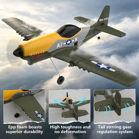 Beginner Friendly RC Plane With 2.4GHz 6 Axis Gyro displayed in green and yellow, highlighting foam durability and control features.