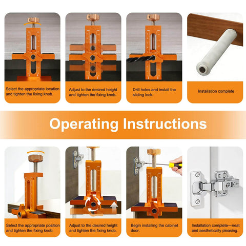 Operating instructions for 3-In-1 Cabinet Door Mounting Jig With Adjustable Positioner, Base, And Three Drill Bits, Pro-Grade Aluminum Alloy Cabinet Hinge Installation Tool For Frameless And Face-Frame Cabinets, Works On Left Or Right Opening Doors.