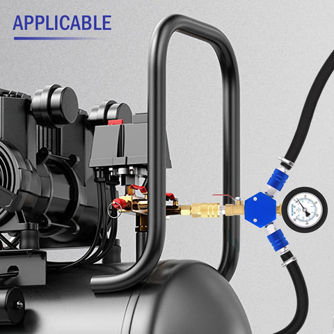 Workhorse 3 Way Air Manifold With 200 Psi Gauge connected to air compressor, showing aluminum splitter and nickel-plated couplers.