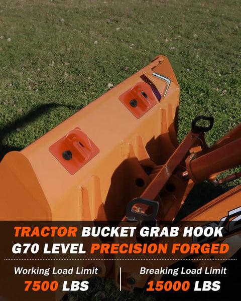 Two Pack 3/8 Inch Tractor Bucket Grab Hooks With Backer Plate, Grade 70 Forged Steel on orange tractor bucket