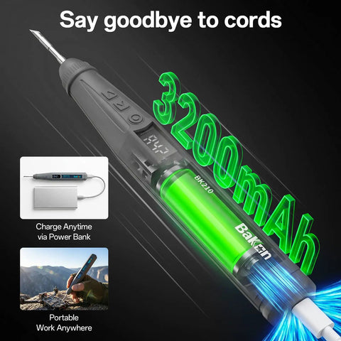 Cordless Soldering Iron Kit With 8S Rapid Heating And 3200mAh USB C Battery highlighting power bank charging and portability