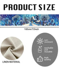 Cozy Linen Christmas Table Runner With Blue Snowy Village Winter Scene For The Fam And Family Holiday Gatherings 13x72 Inches 2D Printed Tabletop Decor That Brings Festive Winter Vibes shown with size and material details
