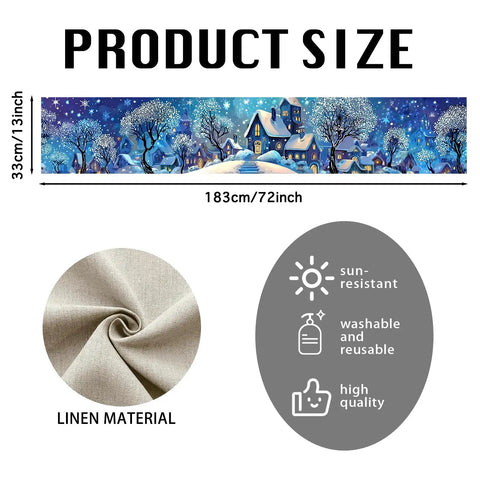Cozy Linen Christmas Table Runner With Blue Snowy Village Winter Scene For The Fam And Family Holiday Gatherings 13x72 Inches 2D Printed Tabletop Decor That Brings Festive Winter Vibes shown with size and material details