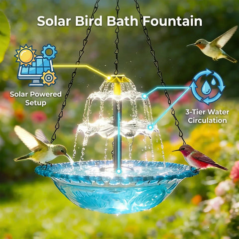 Sun Powered Hanging Bird Bath Fountain With Cascade Water Feature and Blue Bowl in Garden with Birds
