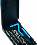 Open case of Multi Color Thread Repair Kit M8 X 1.25 For Damaged Threads, showing tools and inserts with drill size 8.3 mm, black box.