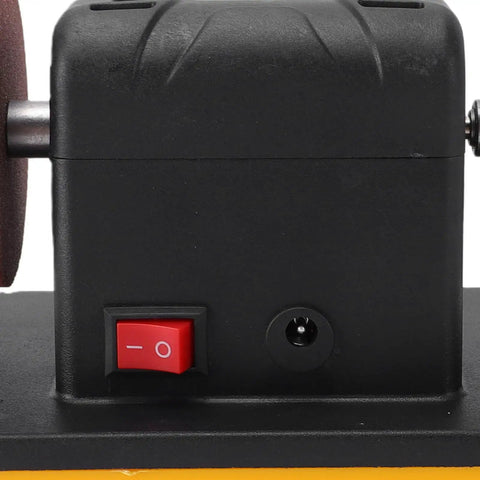 Hilitand Cordless Mini Bench Grinder Polisher Sander With 18V Battery Adapter showing power switch and copper motor.