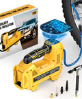 Cordless Tire Inflator With Digital Pressure Gauge, 160 PSI Portable Handheld Air Pump For On The Go Inflation, Works With Dewalt 20V Batteries, No Battery Included, Great For Cars, Motorcycles, Bikes, And Sports Balls depicting product with accessories