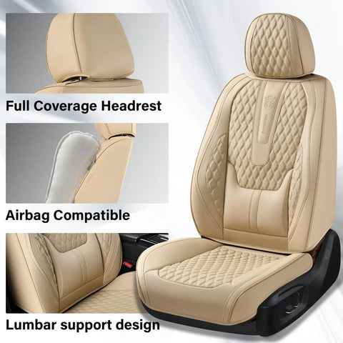 Universal Car Seat Covers Full Set With Nappa Leather Look Waterproof Seat Protector With Lumbar Support for beige seats