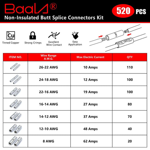 Beefy 520 Piece Non Insulated Butt Connectors Kit For 26 To 8 Gauge Wires Tinned Copper Marine Grade Seamless Barrel Crimp Terminals