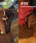 XL Tan Suede Self Adhesive Upholstery Patch Instant Fix For Couches Car Seats Bags And More Great For Leather Velvet And Fabric Scrapes Easy DIY Patch Repair For Home And Auto shown before and after repair on a brown couch arm.