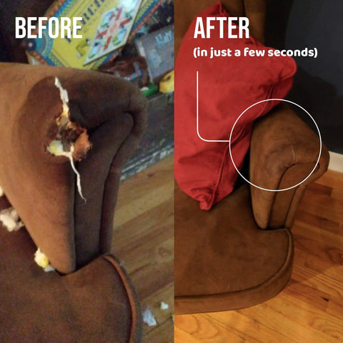 XL Tan Suede Self Adhesive Upholstery Patch Instant Fix For Couches Car Seats Bags And More Great For Leather Velvet And Fabric Scrapes Easy DIY Patch Repair For Home And Auto shown before and after repair on a brown couch arm.