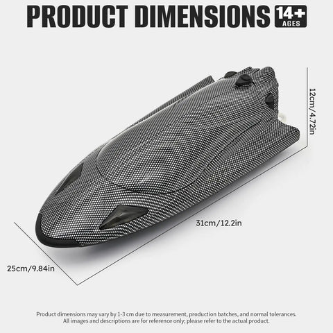 12 Inch High Speed RC Boat With LED Lights 40 KPH Remote Control Boat dimensions and design details.