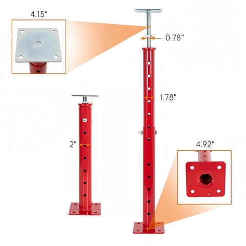 2 Pack Adjustable Basement Floor Jack For 18 To 36 Inch Height Range, Floor Joist Screw Jack with dimensions and red steel body