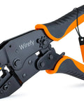 Side view of a Ratcheting Wire Crimping Tool For Insulated Connectors 22 To 10 AWG Pro Grade Heavy Duty Crimp Pliers with durable grip.