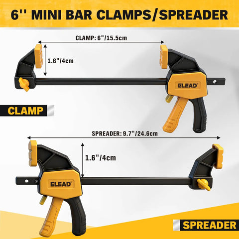 Two 6 Inch Mini Bar Clamps For Woodworking Set With One-Handed F Clamp And Spreader, 75 Lbs Load Capacity, Quick Release Grip