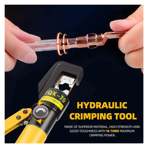Heavy Duty Hydraulic Crimping Pliers With Electric Terminals Machine Crimper Press Cable Lug Kit in use, crimping a copper lug.