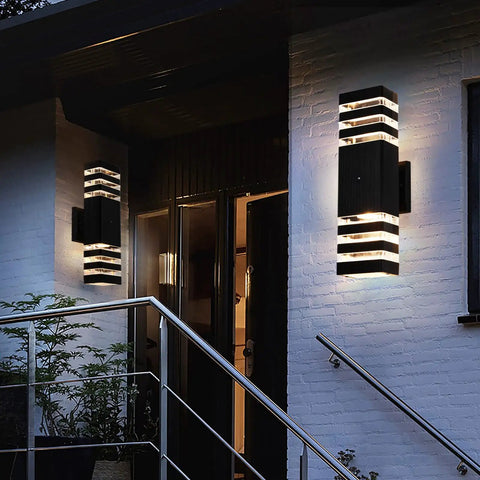 Two Pack Dusk To Dawn Outdoor Wall Lights Up And Down Front Porch Lanterns Black Aluminum Waterproof 3000K Warm White Auto On Off For House