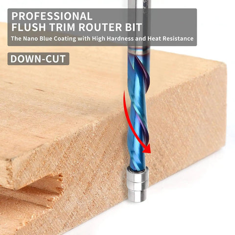 Kick Your Woodworking To The Next Level With This Flush Trim Router Bit That Delivers Crisp Clean Cuts While Slashing Chipping And Delivering Smooth Spirals For All Your Trimming Projects Across Various Materials Today. Close-up of down-cut flush trim router bit with nano blue coating on wood.