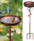Antique Bronze Metal Bird Bath Outdoor Decor with Hummingbird on Pole and Sparrow on Bowl, 38.5 Inch Tall, in Garden Setting