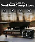 10,000 BTU Dual Fuel Camp Stove for Butane and Propane Portable Outdoor Grill with adjustable heat dial, close-up view