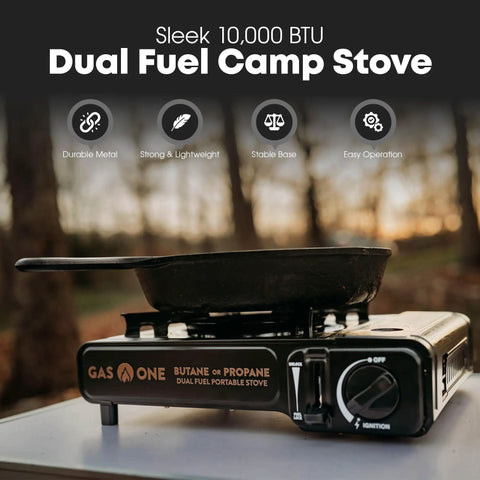 10,000 BTU Dual Fuel Camp Stove for Butane and Propane Portable Outdoor Grill with adjustable heat dial, close-up view