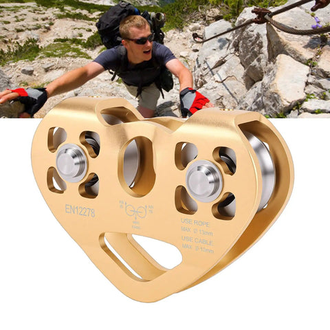30KN Zipline Tandem Dual Pulley For Cable And Rope Rescue Climbing Hauling Backyard Zipline Mountaineering Rigging Gold Finish