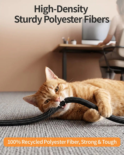No Fuss Chew Proof Wire Loom, 10 Foot Expandable Cable Sleeve Protector with sturdy polyester fibers, designed for pet safety.