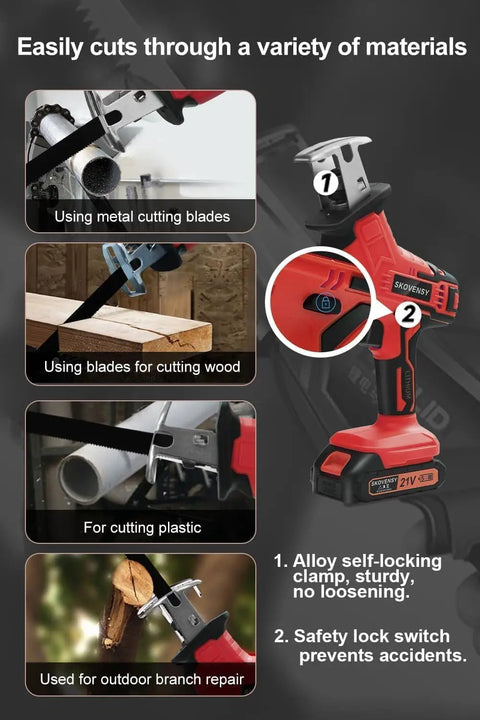 Cordless Reciprocating Saw Kit With Two 2.0Ah Batteries, Variable Speed, Red Compact Saw cutting wood, metal, and PVC.