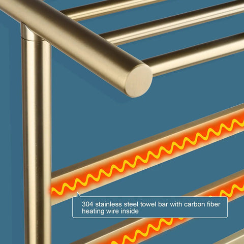 Brushed Gold 4 Bar Heated Towel Rack Wall Mount Electric Towel Warmer For Bathroom Plug In Or Hardwired close-up view
