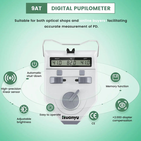 Pro Grade Digital PD Meter For Pupillary Distance 45 To 82mm Handheld Pupilometer With Precision Sensor Easy Readout Optical Instrument CE Approved Battery Not Included LY9AT showing front panel and functions.