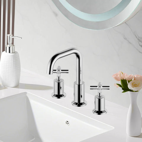 Two Handle Widespread Bathroom Faucet For 8 Inch Sink 3 Hole Mount Polished Chrome Finish With Push Up Pop Up Drain Water Sense Certified
