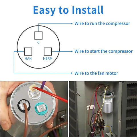 Instructions for 45 Plus 5 uF Dual Run Round AC Capacitor For Air Conditioning Units 370/440 VAC and wiring details.