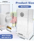 Top Shelf No Sweat Automatic Bird Feeder And Water Dispenser Set Slick Transparent Food Container For Parrots Cockatiels Lovebirds Budgies Keep Cage Spotless Daily Game Changing Avian Supplies White dimensions diagram showing feeder sizes.